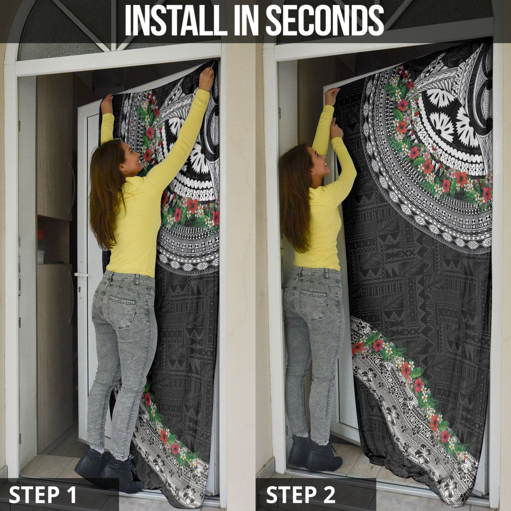 Fiji Hibiscus Door Cover Tapa Masi Motifs with Tropical Plants