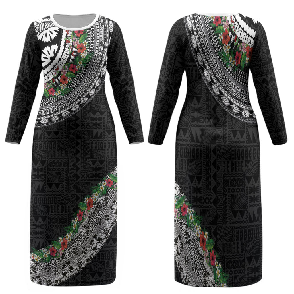 Fiji Hibiscus Family Matching Long Sleeve Bodycon Dress and Hawaiian Shirt Tapa Masi Motifs with Tropical Plants