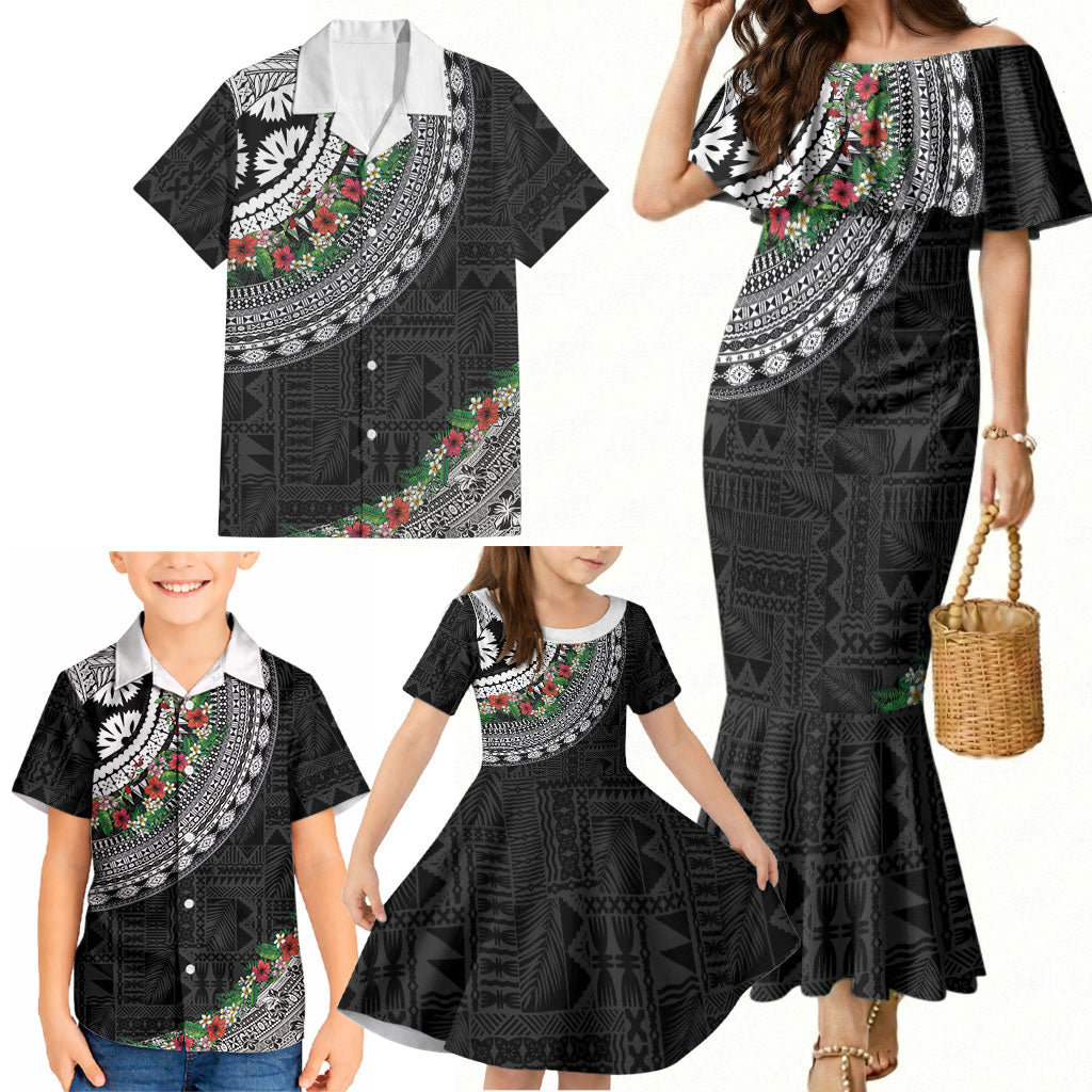 Fiji Hibiscus Family Matching Mermaid Dress and Hawaiian Shirt Tapa Masi Motifs with Tropical Plants LT03 - Polynesian Pride