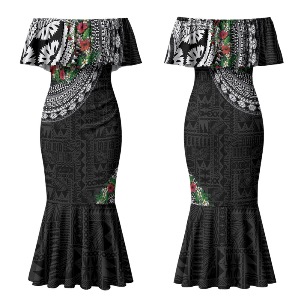 Fiji Hibiscus Family Matching Mermaid Dress and Hawaiian Shirt Tapa Masi Motifs with Tropical Plants
