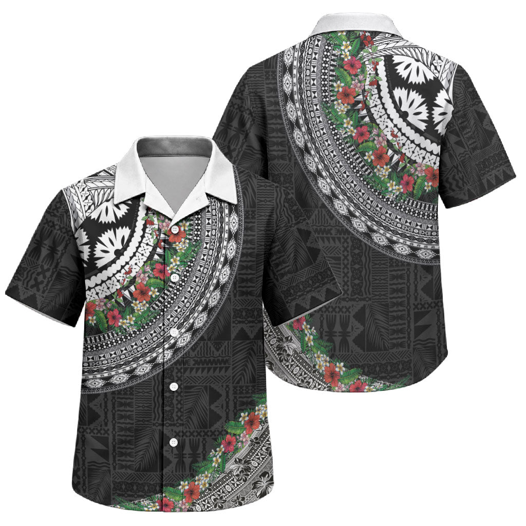 Fiji Hibiscus Family Matching Off The Shoulder Long Sleeve Dress and Hawaiian Shirt Tapa Masi Motifs with Tropical Plants