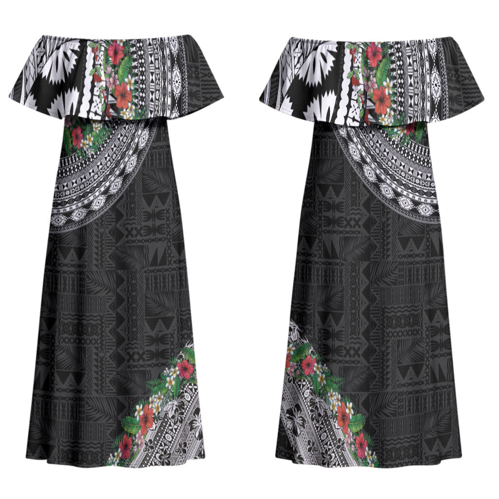 Fiji Hibiscus Family Matching Off Shoulder Maxi Dress and Hawaiian Shirt Tapa Masi Motifs with Tropical Plants