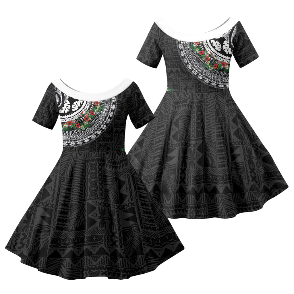 Fiji Hibiscus Family Matching Off Shoulder Maxi Dress and Hawaiian Shirt Tapa Masi Motifs with Tropical Plants