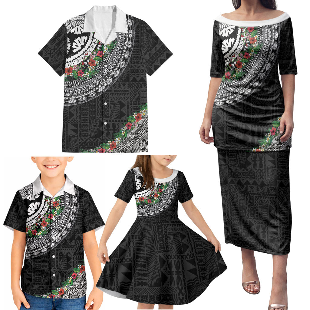 Fiji Hibiscus Family Matching Puletasi and Hawaiian Shirt Tapa Masi Motifs with Tropical Plants