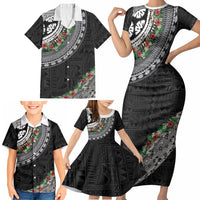 Fiji Hibiscus Family Matching Short Sleeve Bodycon Dress and Hawaiian Shirt Tapa Masi Motifs with Tropical Plants