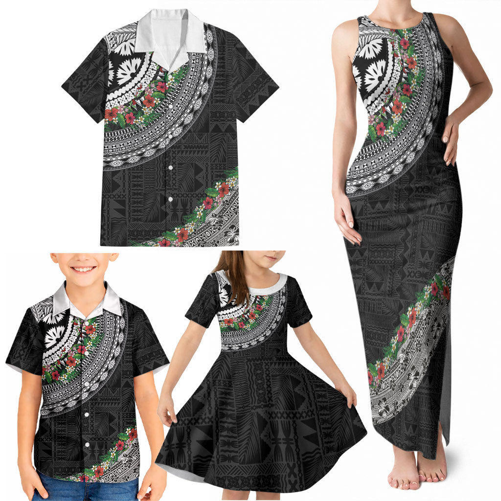Fiji Hibiscus Family Matching Tank Maxi Dress and Hawaiian Shirt Tapa Masi Motifs with Tropical Plants