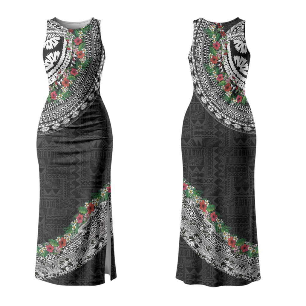Fiji Hibiscus Family Matching Tank Maxi Dress and Hawaiian Shirt Tapa Masi Motifs with Tropical Plants