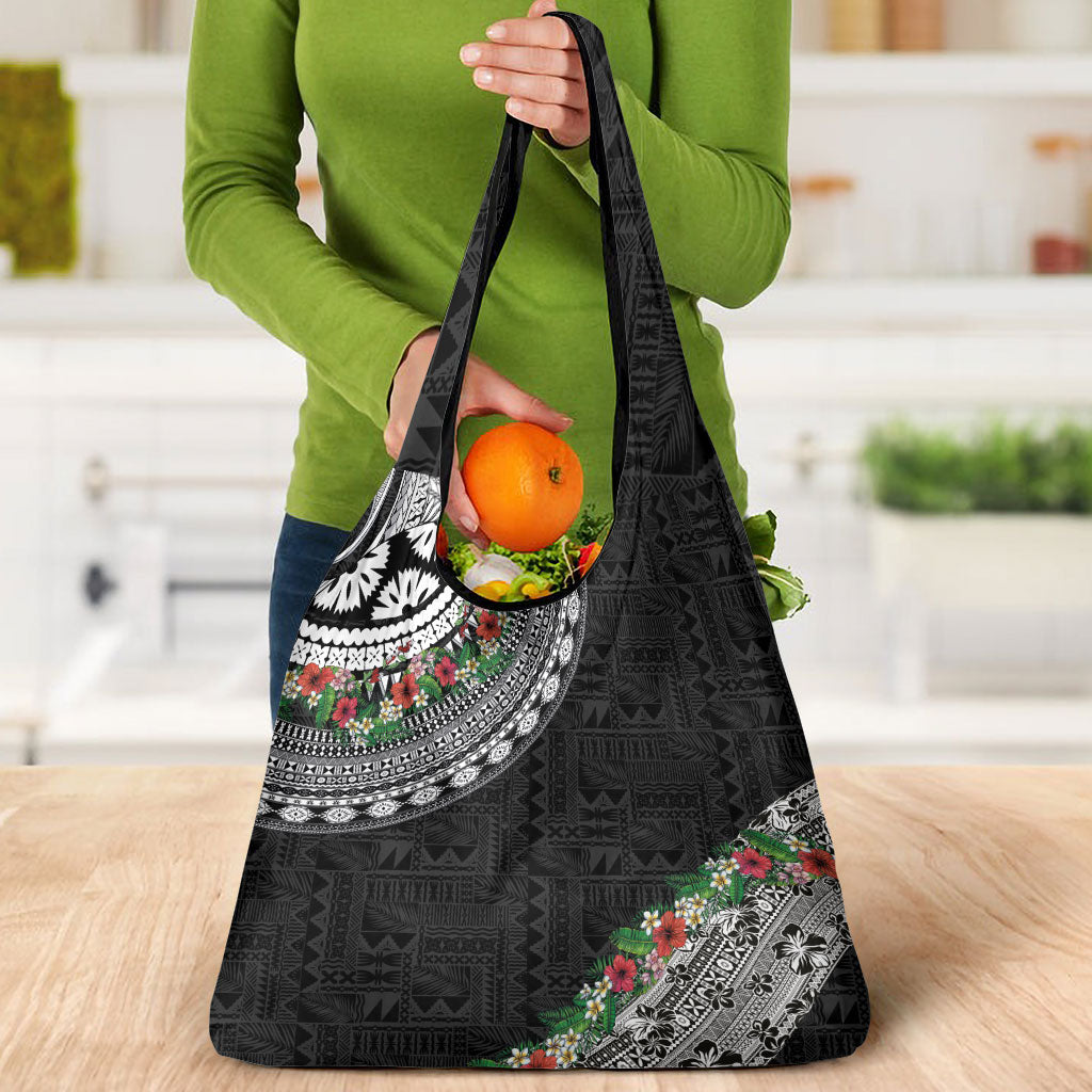 Fiji Hibiscus Grocery Bag Tapa Masi Motifs with Tropical Plants