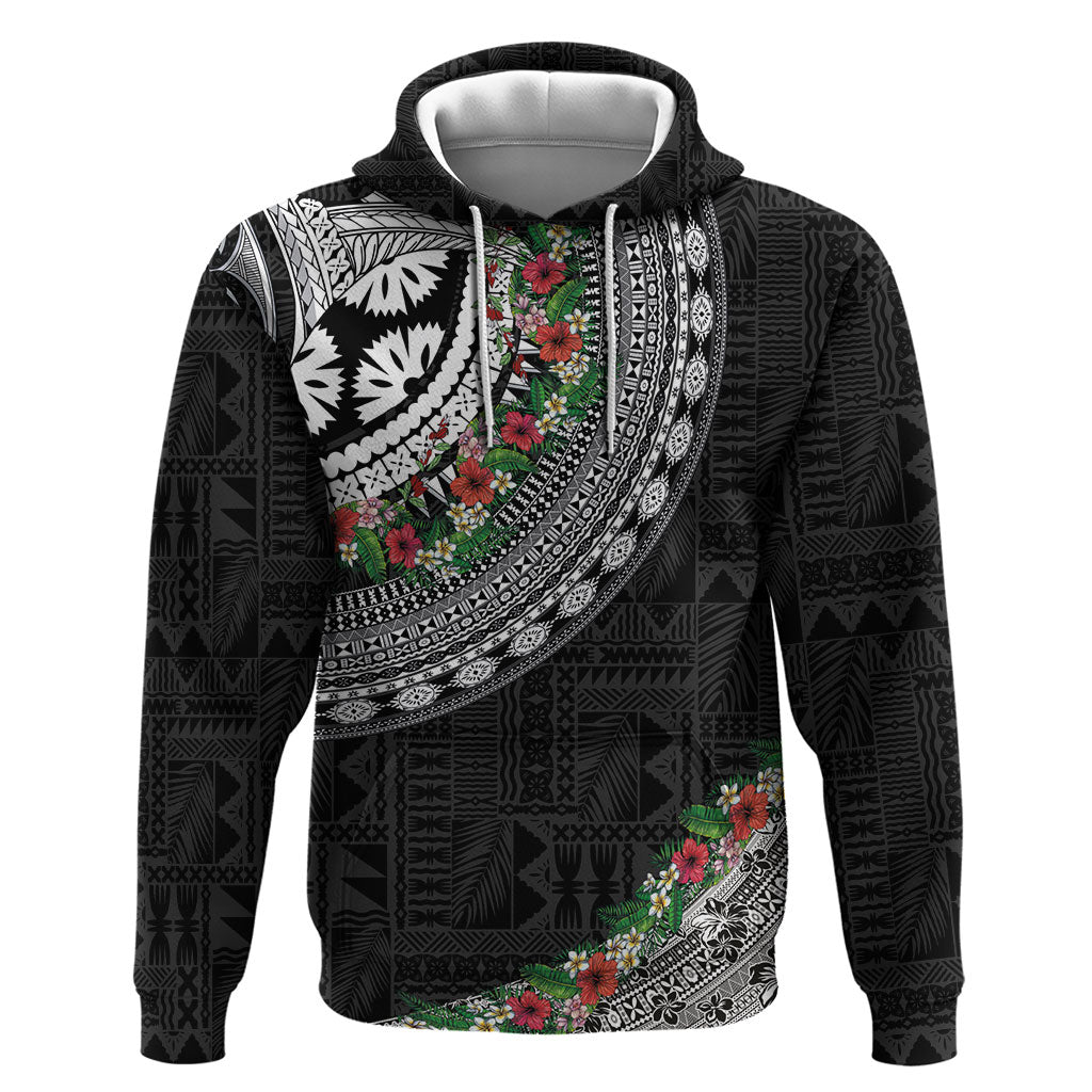 Fiji Hibiscus Hoodie Tapa Masi Motifs with Tropical Plants