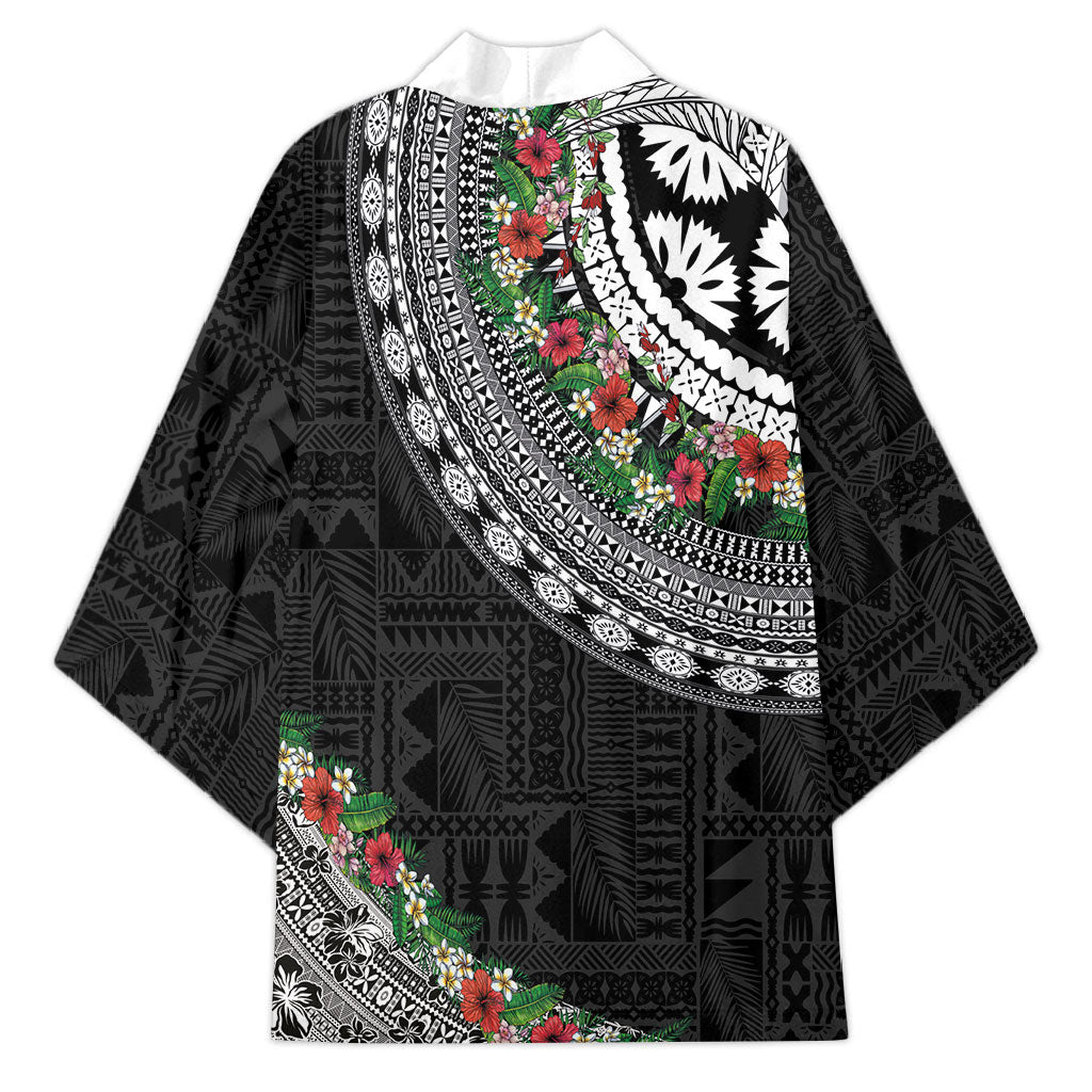Fiji Hibiscus Kimono Tapa Masi Motifs with Tropical Plants