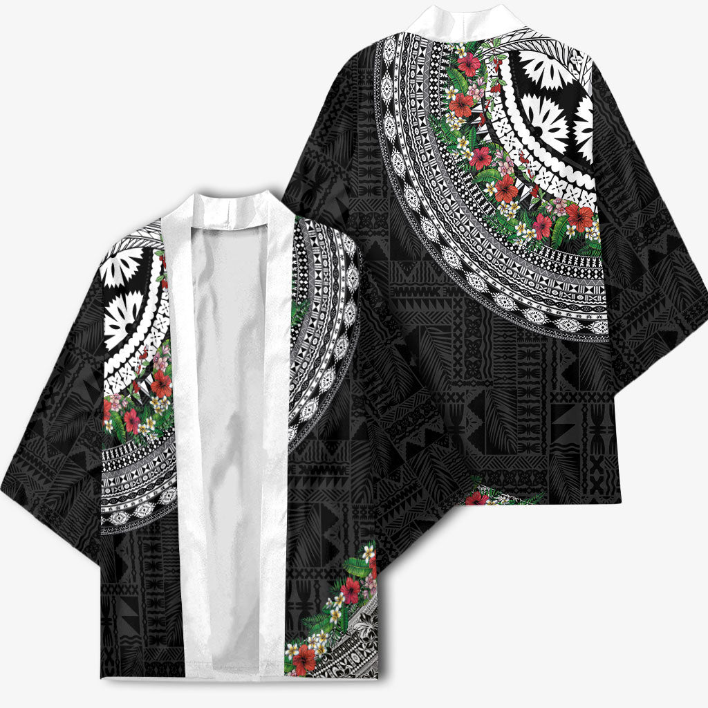 Fiji Hibiscus Kimono Tapa Masi Motifs with Tropical Plants