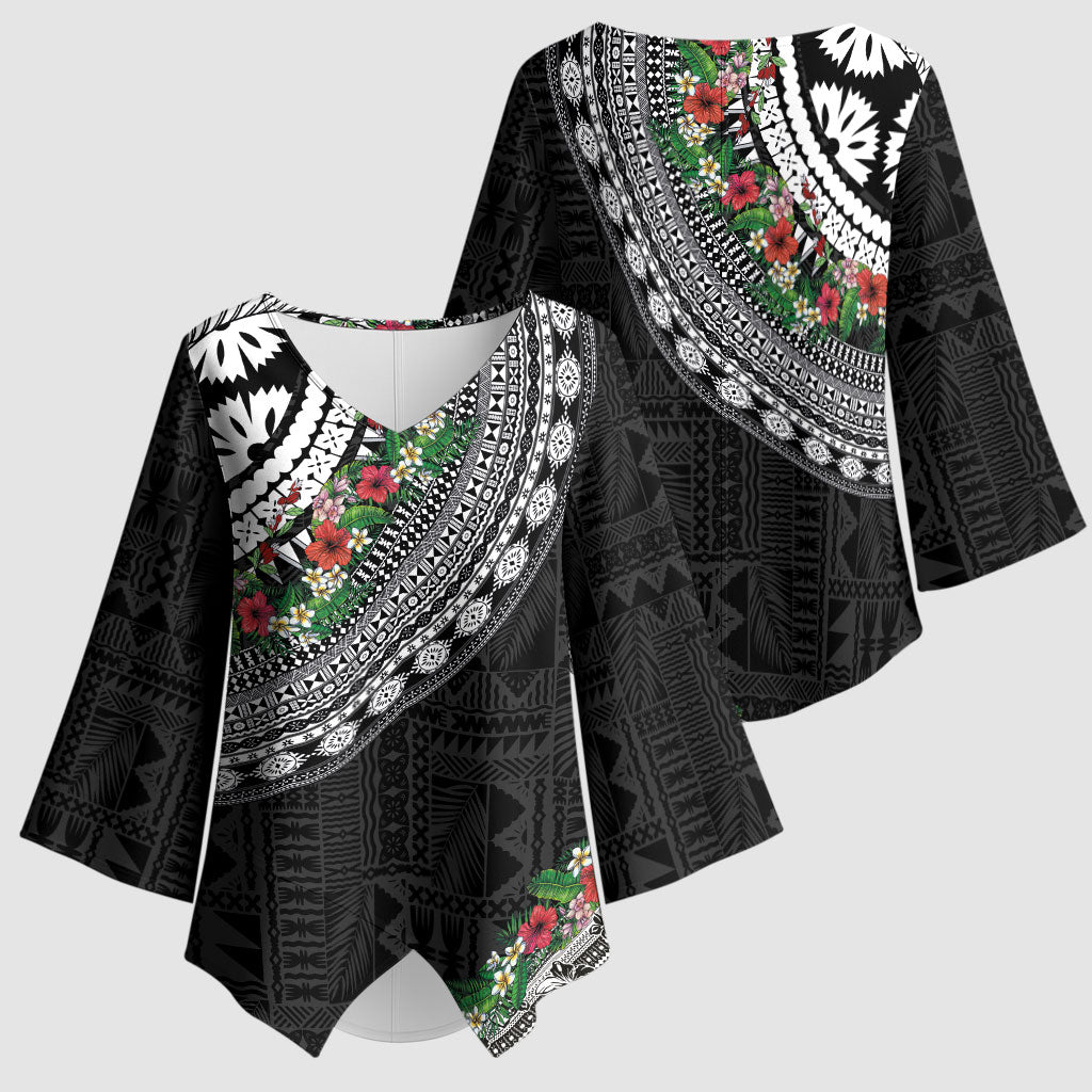 Fiji Hibiscus Kimono Sleeve Blouse Tapa Masi Motifs with Tropical Plants