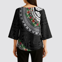 Fiji Hibiscus Kimono Sleeve Blouse Tapa Masi Motifs with Tropical Plants