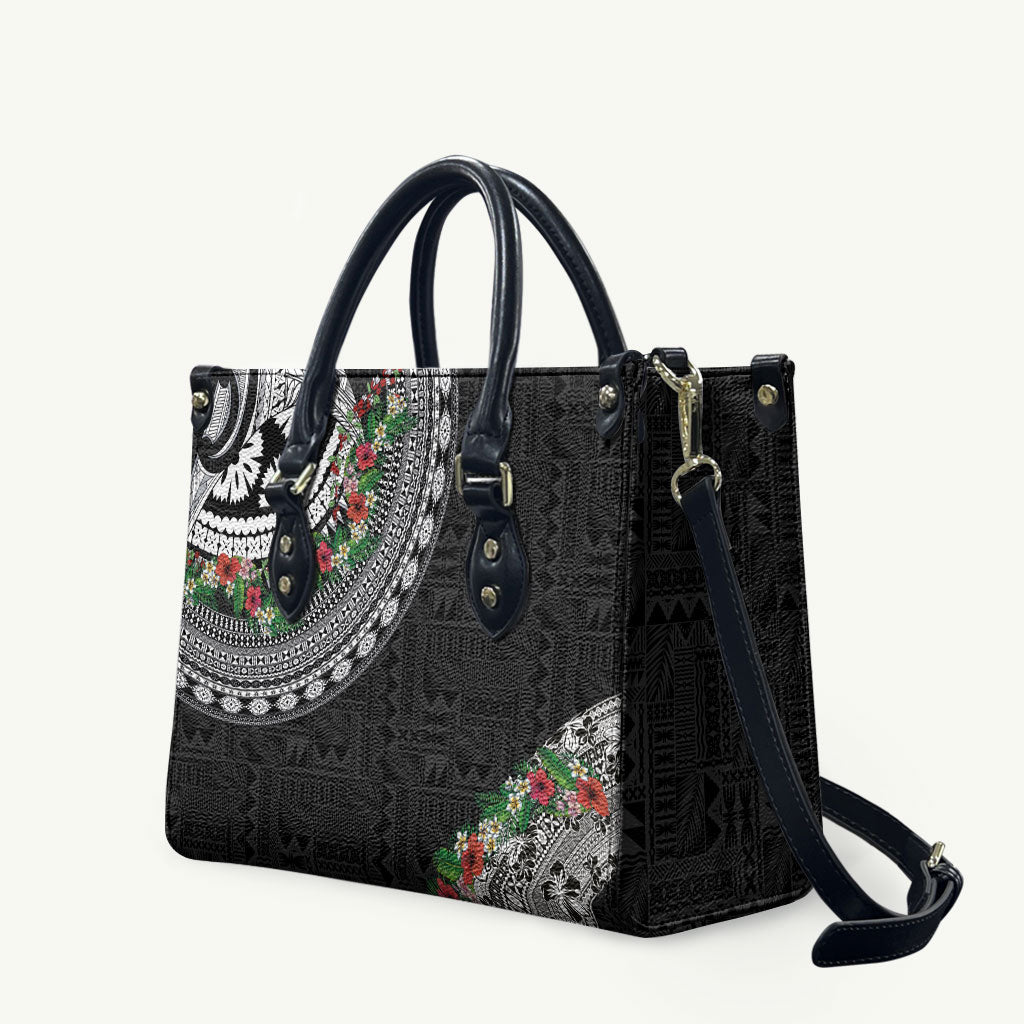 Fiji Hibiscus Leather Bag Tapa Masi Motifs with Tropical Plants