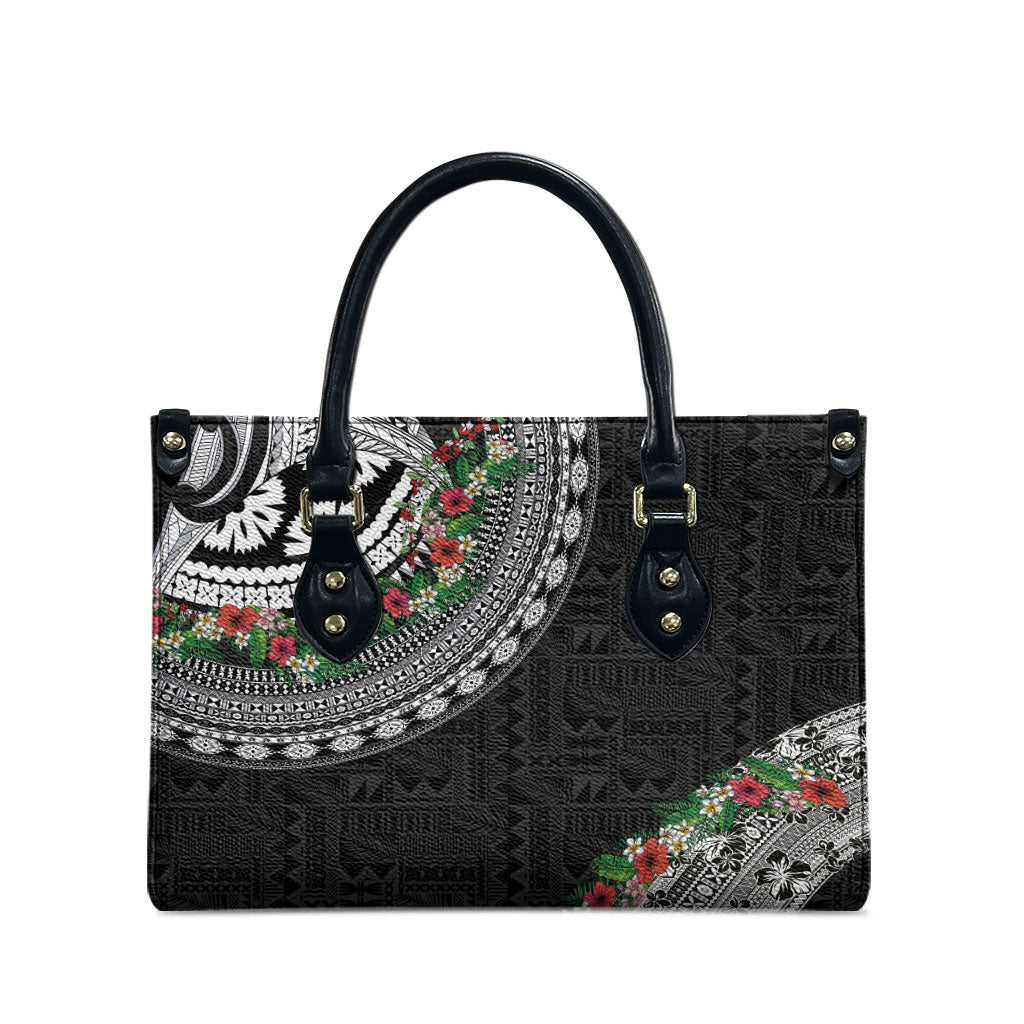 Fiji Hibiscus Leather Bag Tapa Masi Motifs with Tropical Plants
