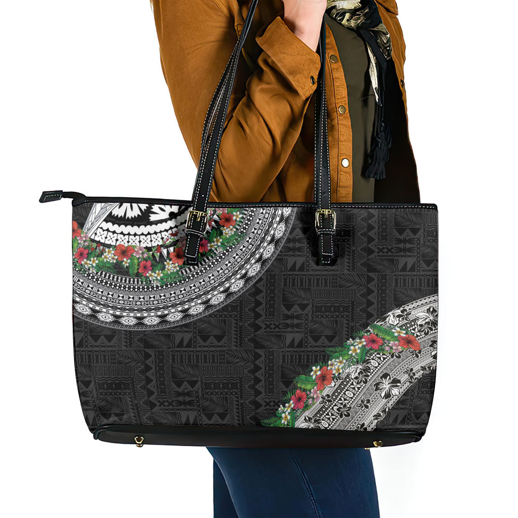 Fiji Hibiscus Leather Tote Bag Tapa Masi Motifs with Tropical Plants