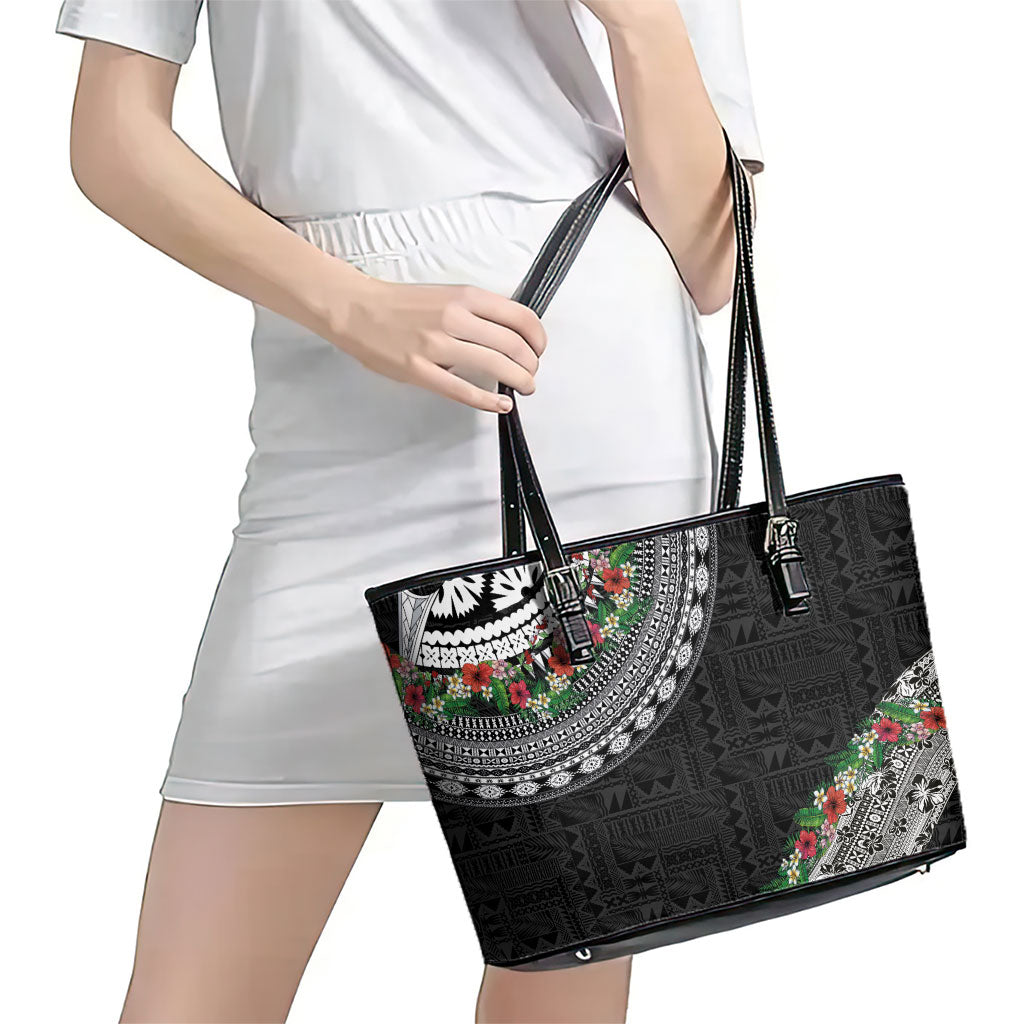 Fiji Hibiscus Leather Tote Bag Tapa Masi Motifs with Tropical Plants