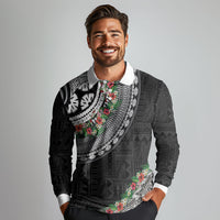 Fiji Hibiscus Long Sleeve Polo Shirt Tapa Masi Motifs with Tropical Plants