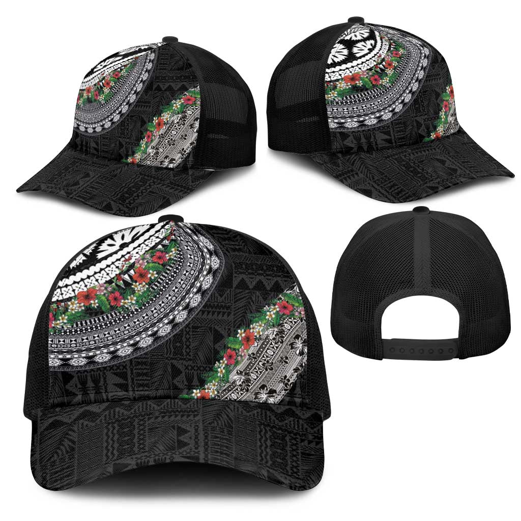 Fiji Hibiscus Mesh Trucker Cap Tapa Masi Motifs with Tropical Plants