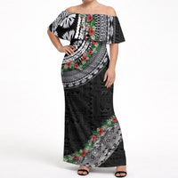 Fiji Hibiscus Off Shoulder Maxi Dress Tapa Masi Motifs with Tropical Plants