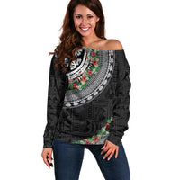 Fiji Hibiscus Off Shoulder Sweater Tapa Masi Motifs with Tropical Plants