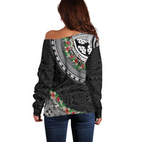 Fiji Hibiscus Off Shoulder Sweater Tapa Masi Motifs with Tropical Plants