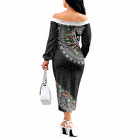 Fiji Hibiscus Off The Shoulder Long Sleeve Dress Tapa Masi Motifs with Tropical Plants