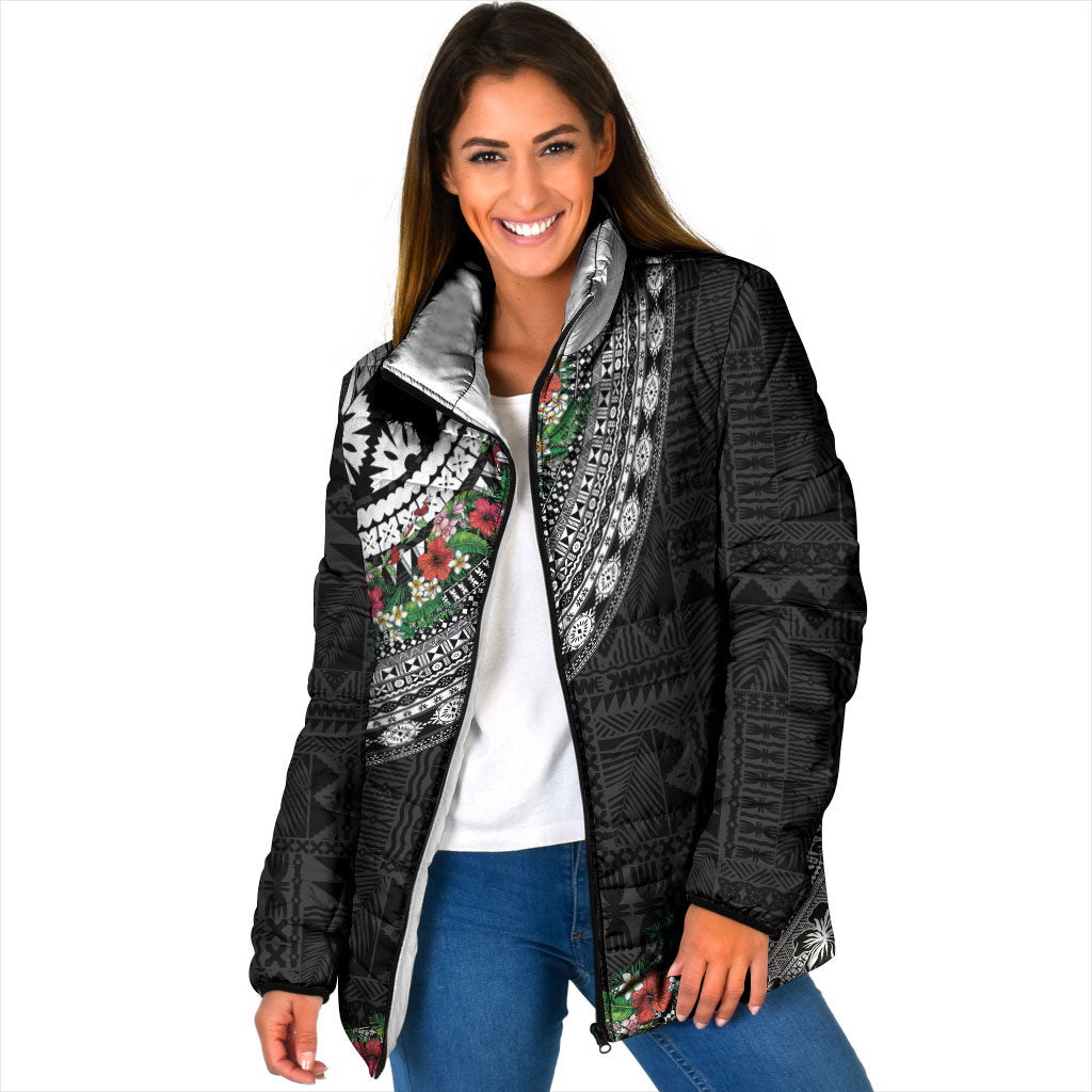 Fiji Hibiscus Padded Jacket Tapa Masi Motifs with Tropical Plants