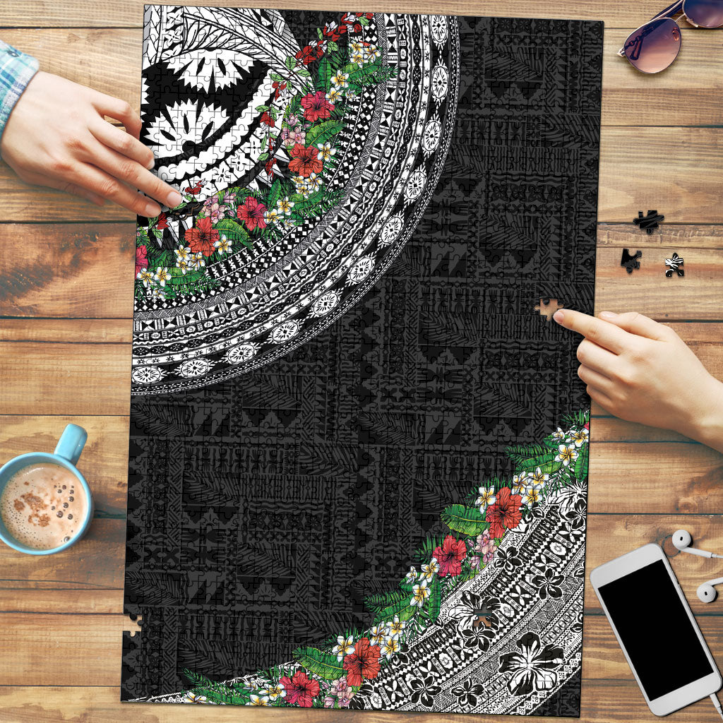 Fiji Hibiscus Puzzle Tapa Masi Motifs with Tropical Plants