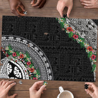 Fiji Hibiscus Puzzle Tapa Masi Motifs with Tropical Plants