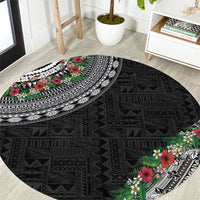 Fiji Hibiscus Round Carpet Tapa Masi Motifs with Tropical Plants