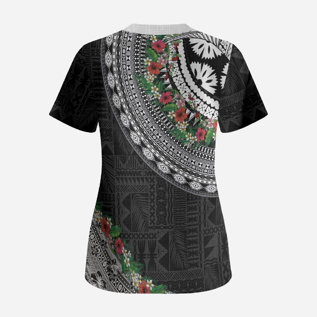 Fiji Hibiscus Scrub Top Tapa Masi Motifs with Tropical Plants