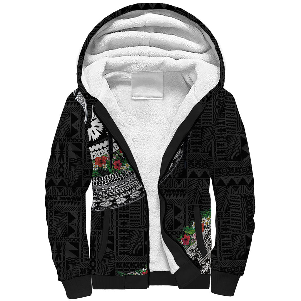 Fiji Hibiscus Sherpa Hoodie Tapa Masi Motifs with Tropical Plants
