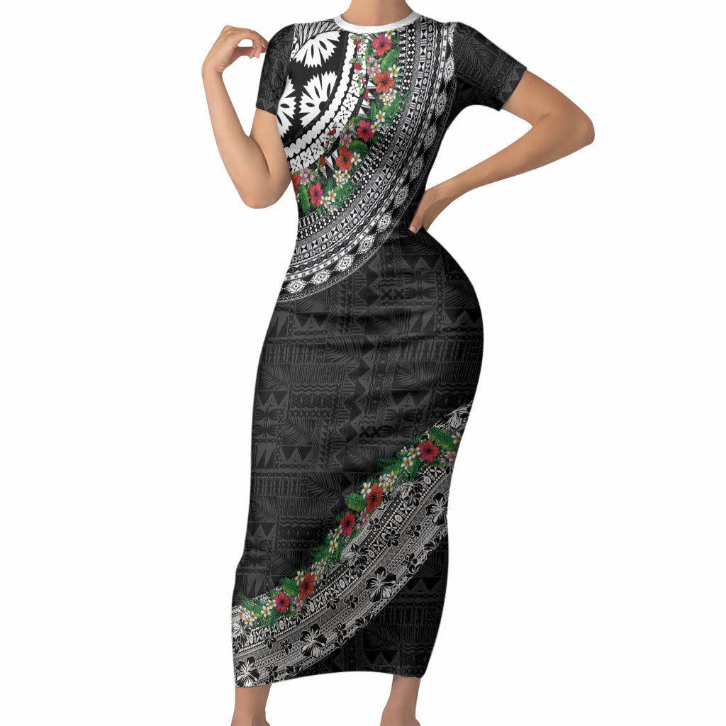 Fiji Hibiscus Short Sleeve Bodycon Dress Tapa Masi Motifs with Tropical Plants