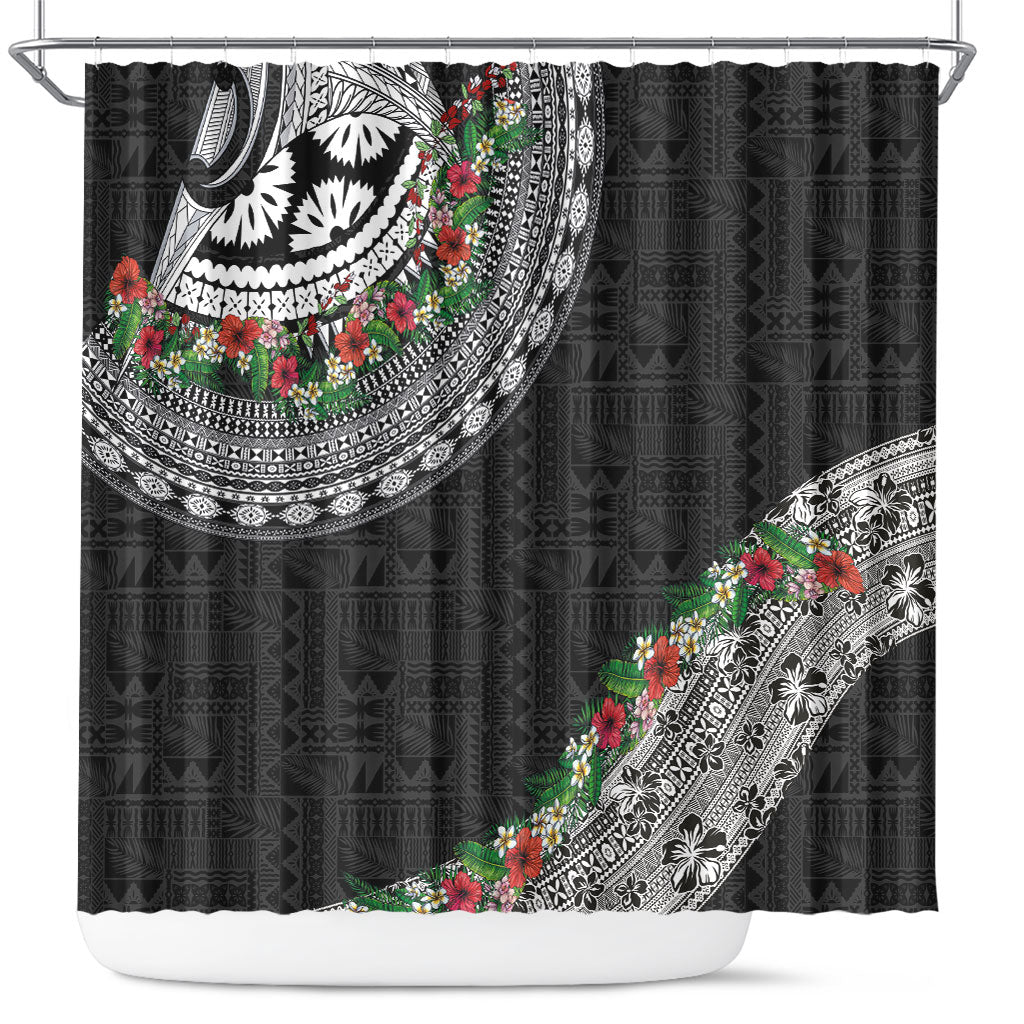 Fiji Hibiscus Shower Curtain Tapa Masi Motifs with Tropical Plants