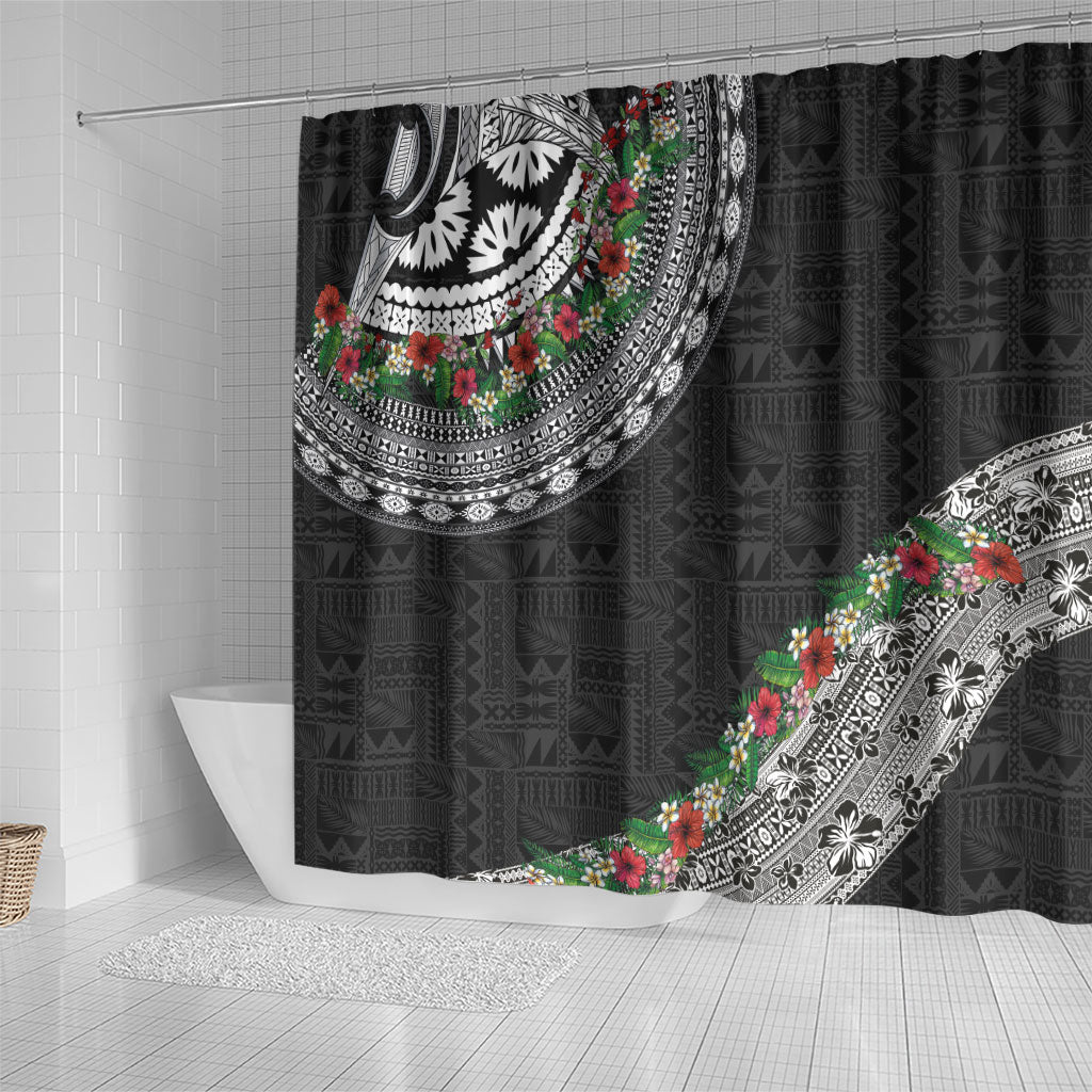 Fiji Hibiscus Shower Curtain Tapa Masi Motifs with Tropical Plants