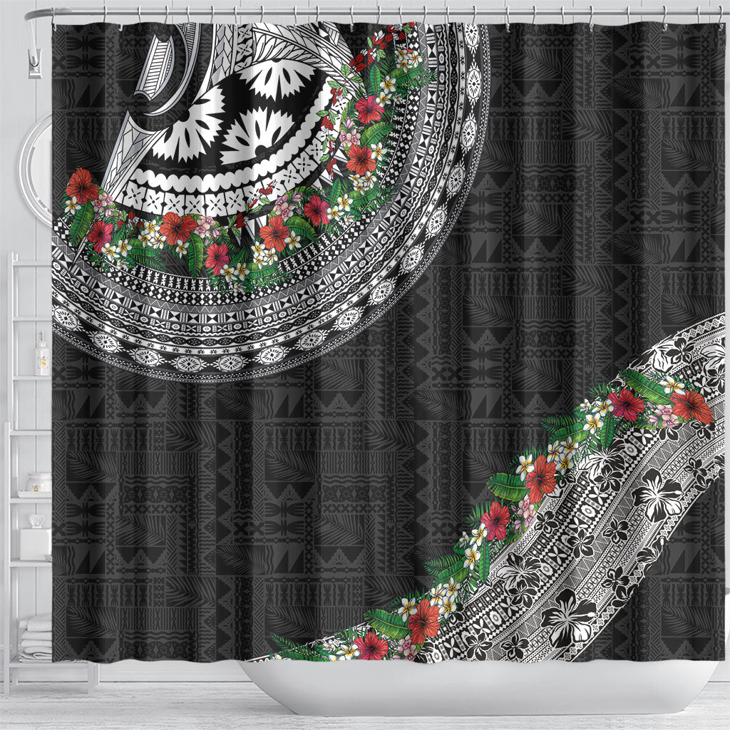 Fiji Hibiscus Shower Curtain Tapa Masi Motifs with Tropical Plants