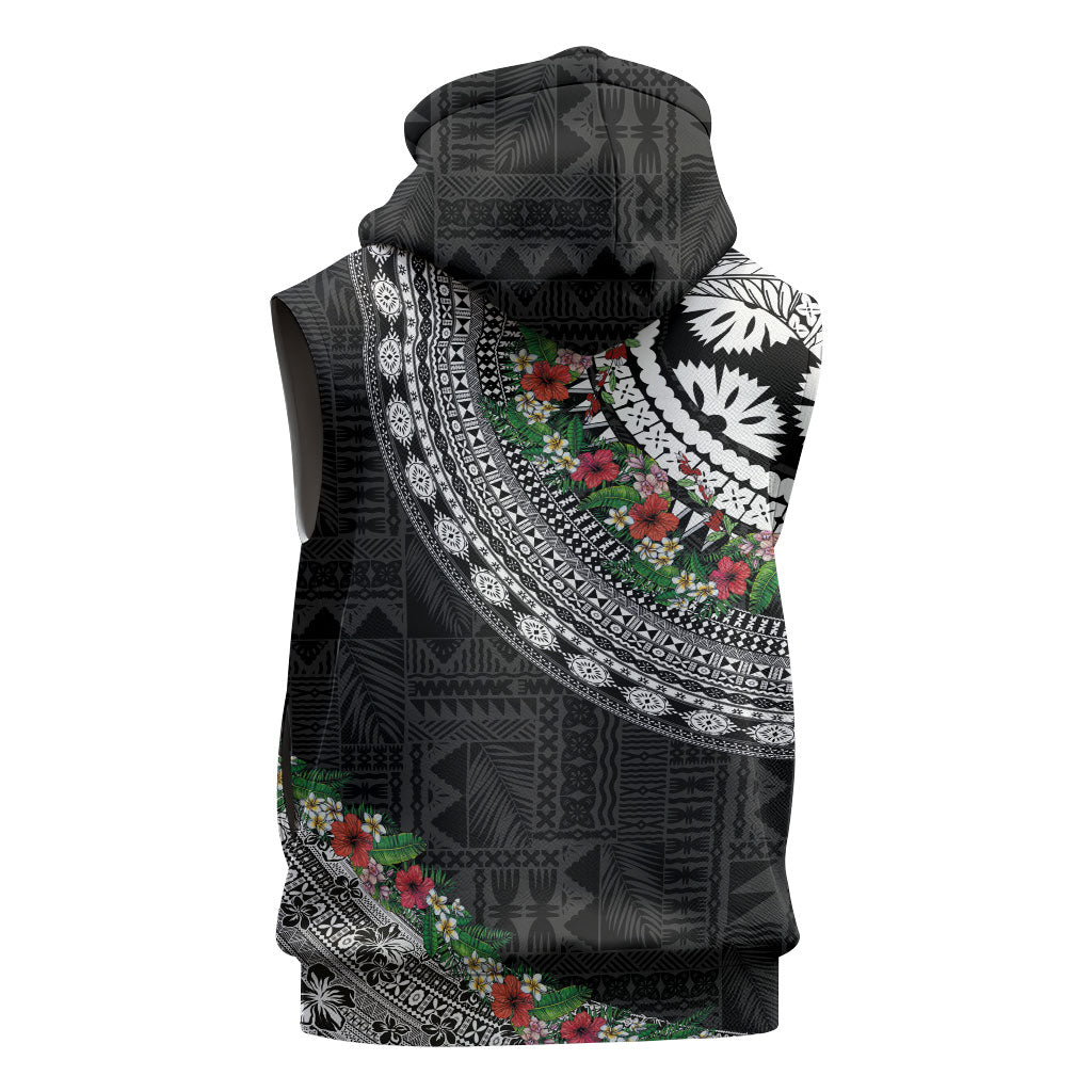 Fiji Hibiscus Sleeveless Hoodie Tapa Masi Motifs with Tropical Plants