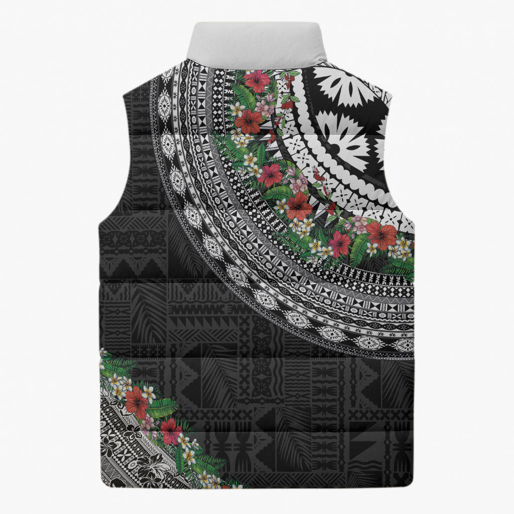 Fiji Hibiscus Sleeveless Puffer Jacket Tapa Masi Motifs with Tropical Plants