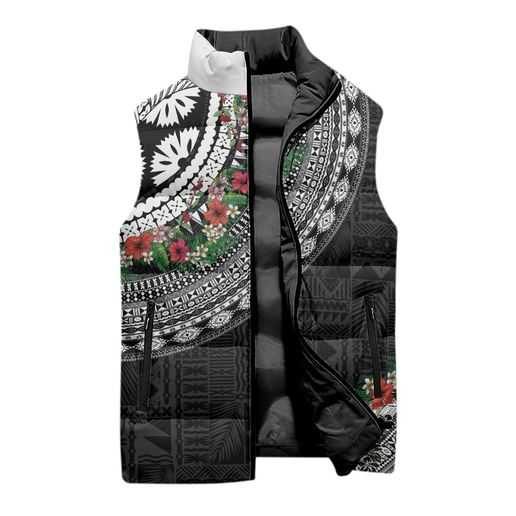 Fiji Hibiscus Sleeveless Puffer Jacket Tapa Masi Motifs with Tropical Plants