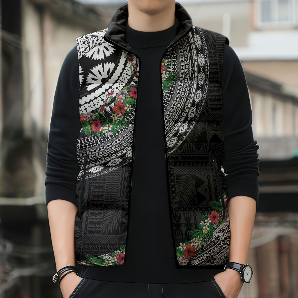 Fiji Hibiscus Sleeveless Puffer Jacket Tapa Masi Motifs with Tropical Plants
