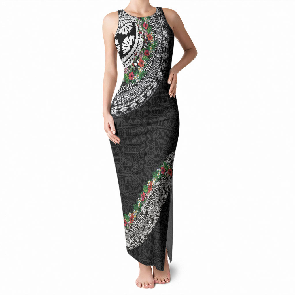 Fiji Hibiscus Tank Maxi Dress Tapa Masi Motifs with Tropical Plants