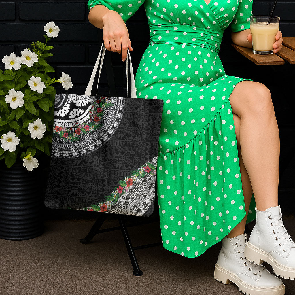 Fiji Hibiscus Tote Bag Tapa Masi Motifs with Tropical Plants