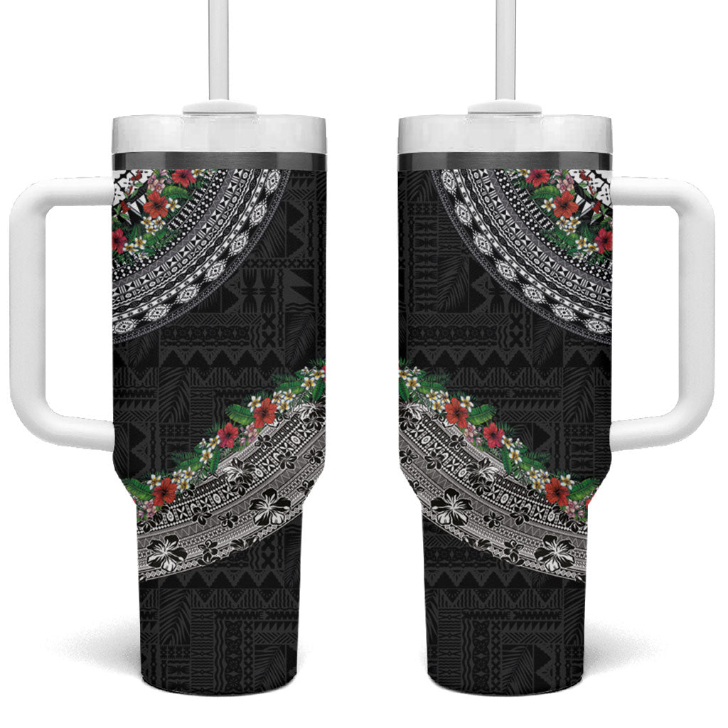 Fiji Hibiscus Tumbler With Handle Tapa Masi Motifs with Tropical Plants