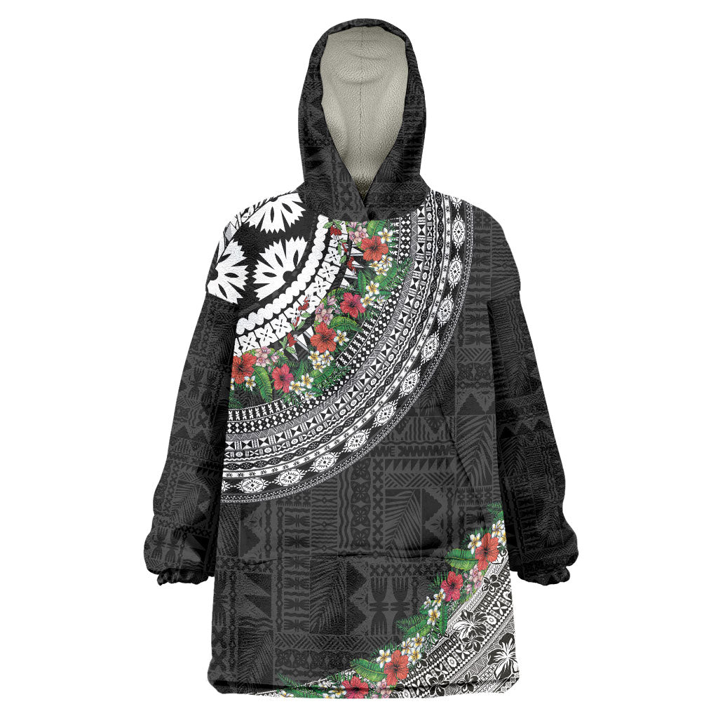 Fiji Hibiscus Wearable Blanket Hoodie Tapa Masi Motifs with Tropical Plants