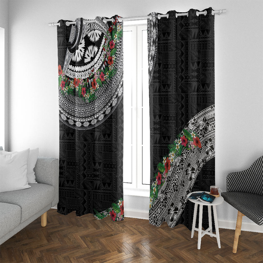 Fiji Hibiscus Window Curtain Tapa Masi Motifs with Tropical Plants