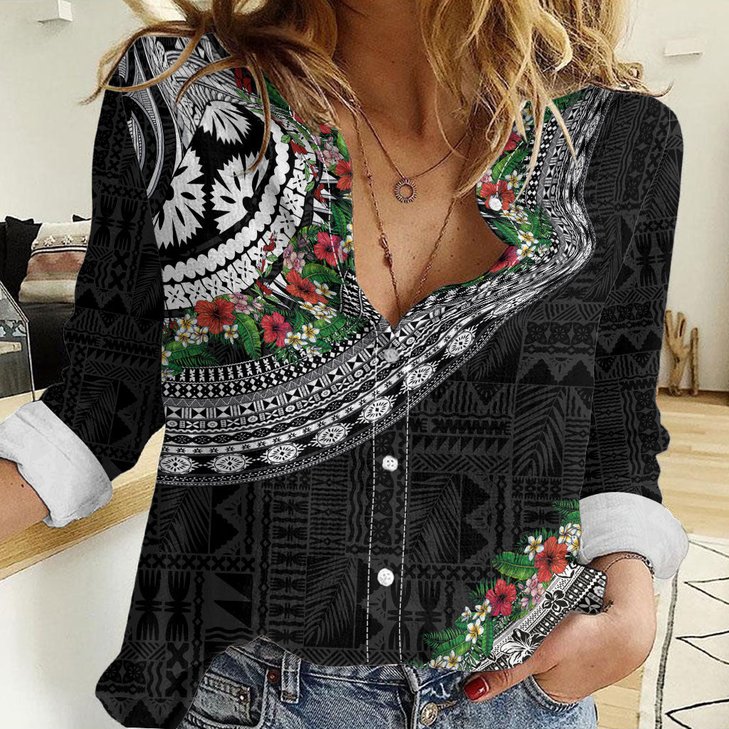 Fiji Hibiscus Women Casual Shirt Tapa Masi Motifs with Tropical Plants