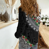 Fiji Hibiscus Women Casual Shirt Tapa Masi Motifs with Tropical Plants