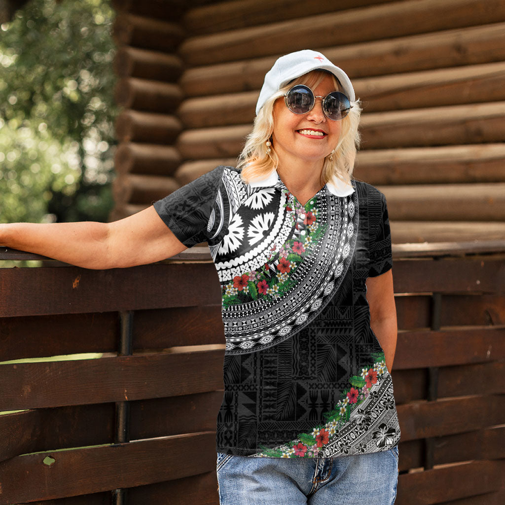Fiji Hibiscus Women Polo Shirt Tapa Masi Motifs with Tropical Plants