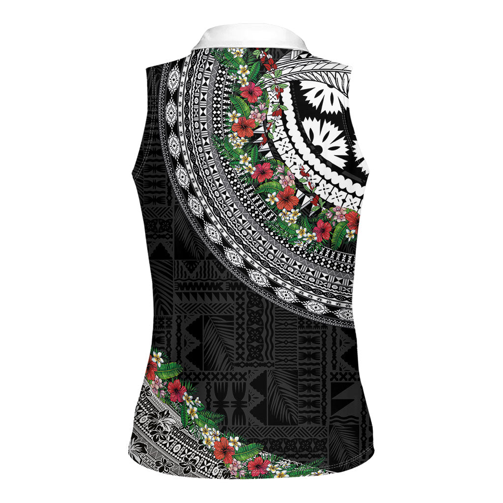 Fiji Hibiscus Women Sleeveless Polo Shirt Tapa Masi Motifs with Tropical Plants